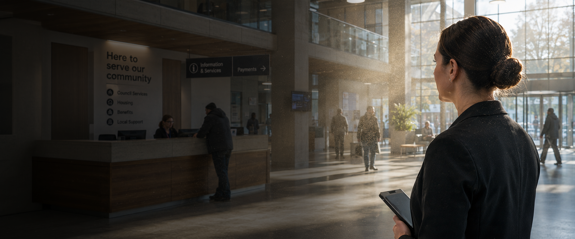 Public sector facilities – air quality warning Person walking through a bright modern public sector building lobby