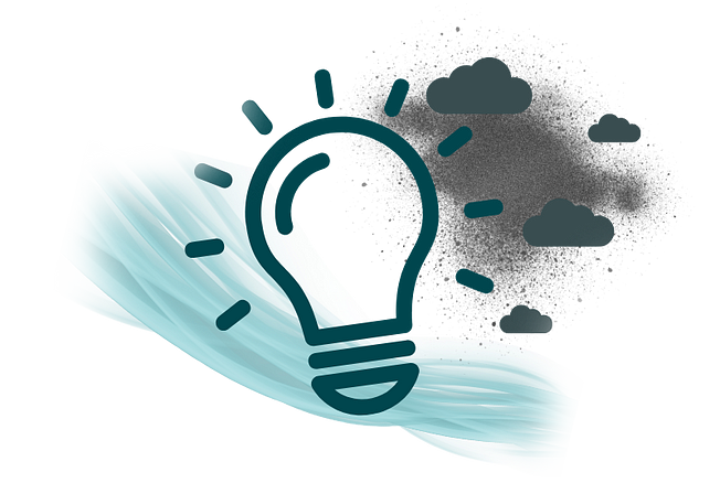 An illustration of a light bulb with a trail of air and dirty air in the background.