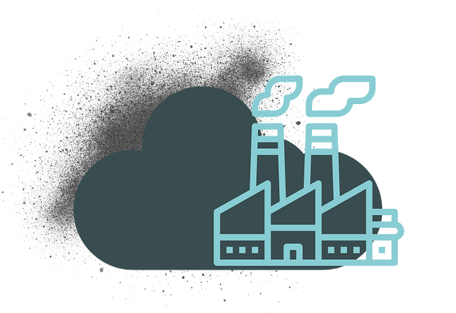 The illustration shows a dark cloud with dirty air and an industrial area in the foreground.
