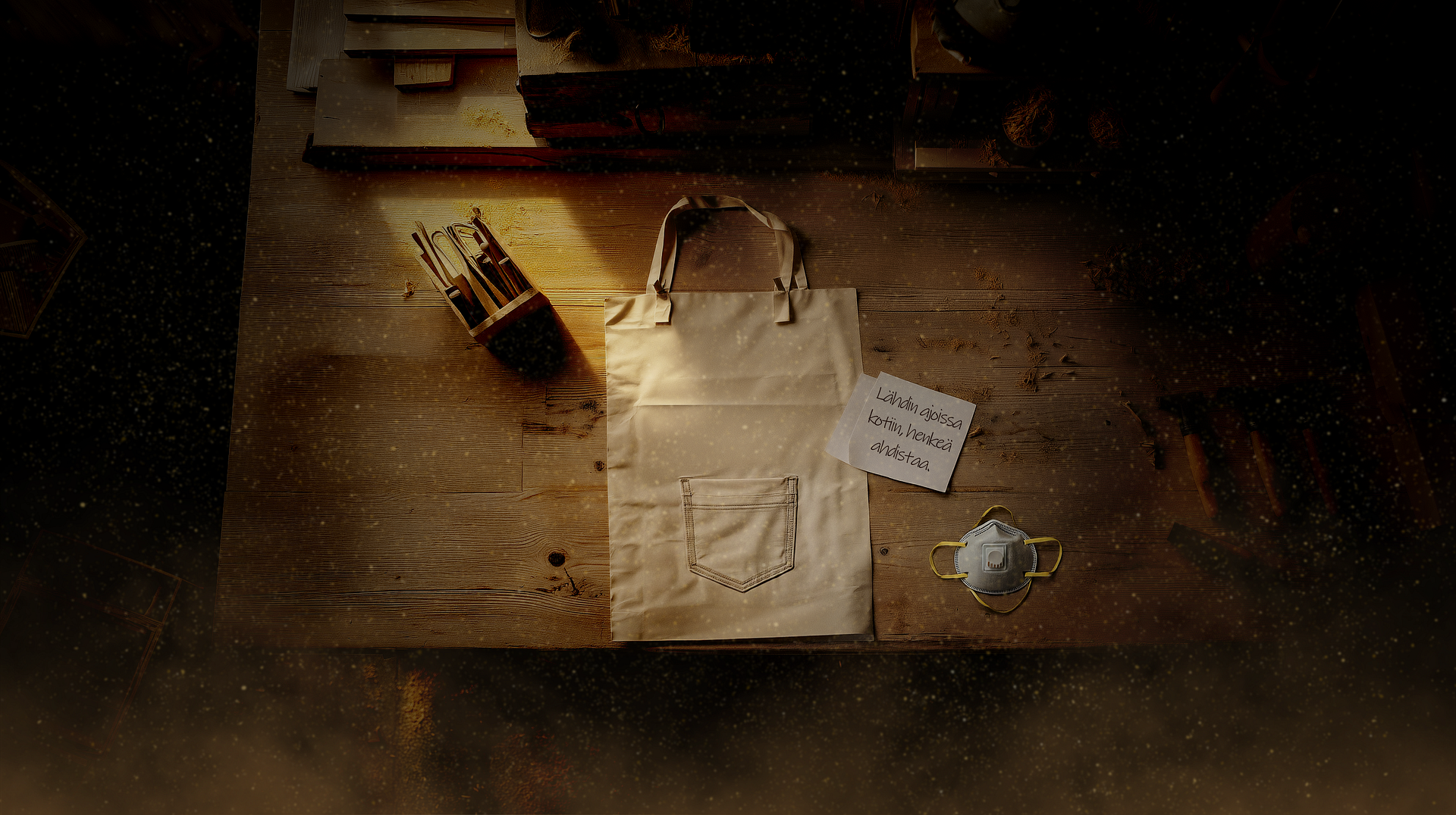 An apron in a wood workshop laying on the floor with some tools and a post.it saying that the person went home because they felt sick