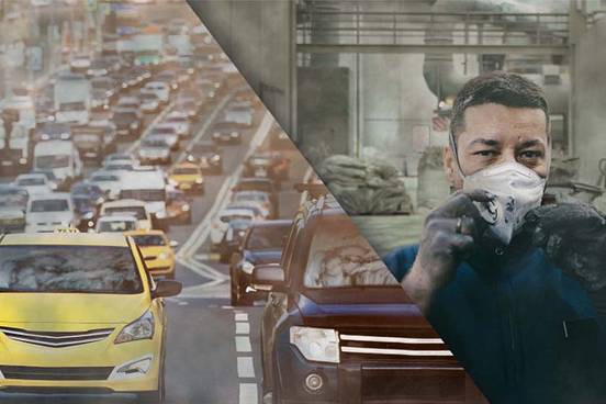 Comparison of air pollution in the city caused by traffic jams and a worker wearing a protective mask on a factory floor.