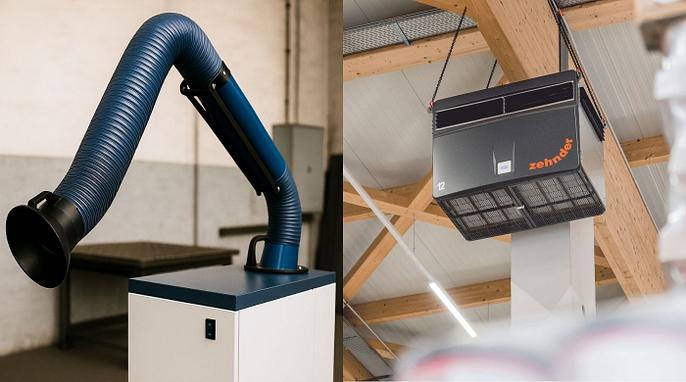 Auf der linken Seite ist eine Absauganlage und auf der rechten Seite ein professioneller Luftreiniger abgebildet.