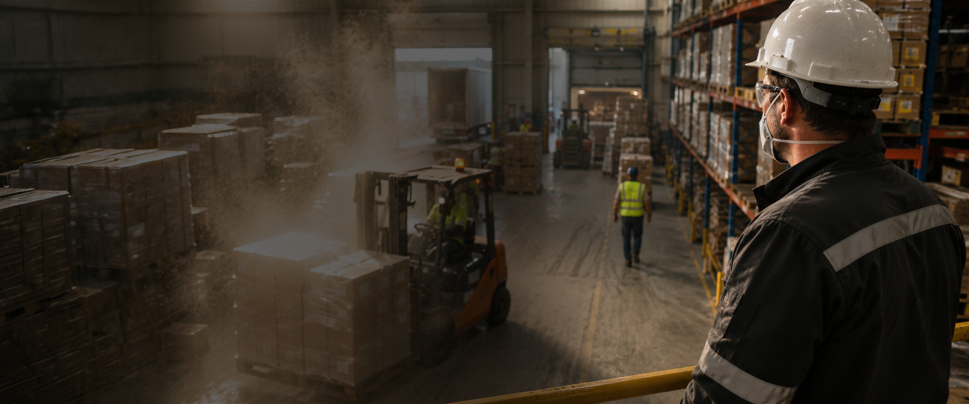 Worker in a hard hat standing amid dust and haze in a logistics facility