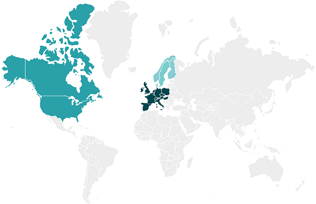 A world map that shows the different regions and country where Zehnder Clean Air Solutions is providing clean air to customers