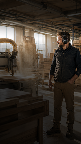 Wood processing industry – air quality warning Worker standing in a woodworking shop with wood dust visible in the sunlit air