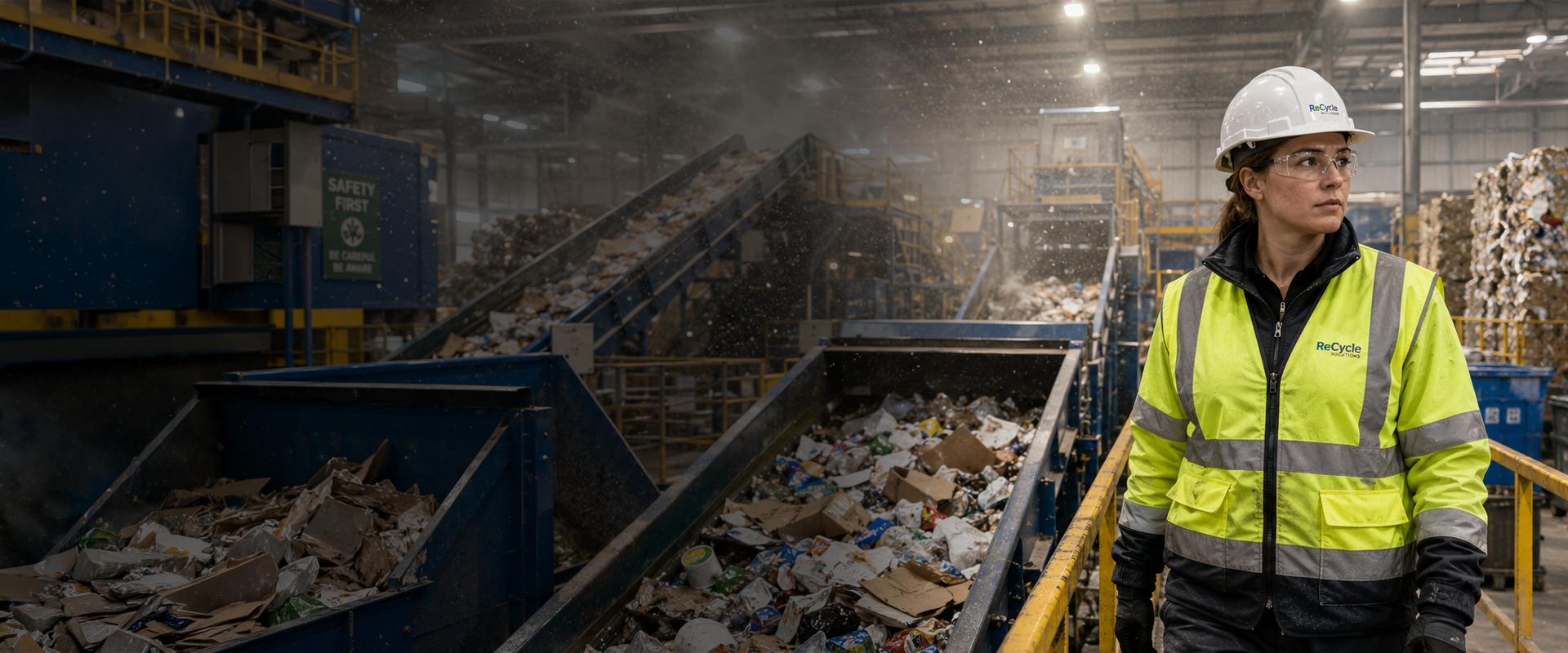 Recycling industry – air quality warning Worker in a hard hat and high-visibility vest standing beside a waste conveyor at a recycling facility