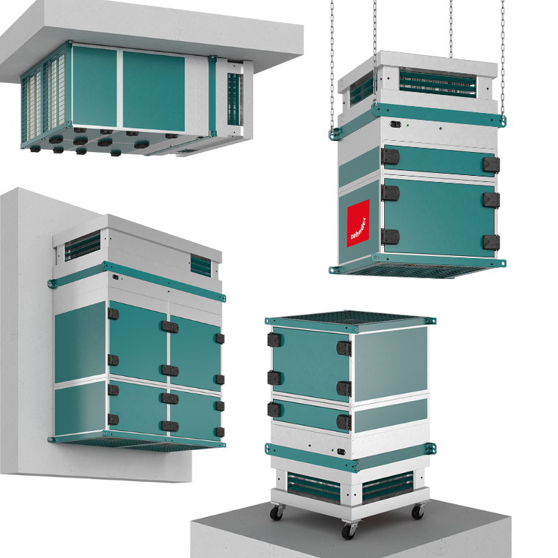 Flexible mounting on ceiling, wall or floor CleanAir Max unit installed in various ways