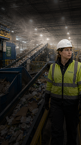 Recycling industry – air quality warning Worker in a hard hat and high-visibility vest standing at a recycling facility conveyor line