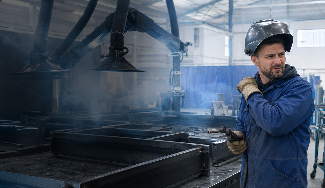 Welding & metal manufacturing – air quality warning Worker in a hard hat coughing and covering his mouth amid smoke and fumes in a metal manufacturing facility