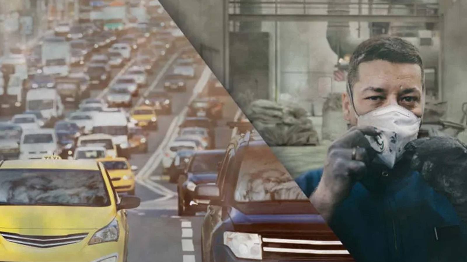 Comparison of air pollution in the city caused by traffic congestion and a worker wearing a protective mask on a factory floor.
