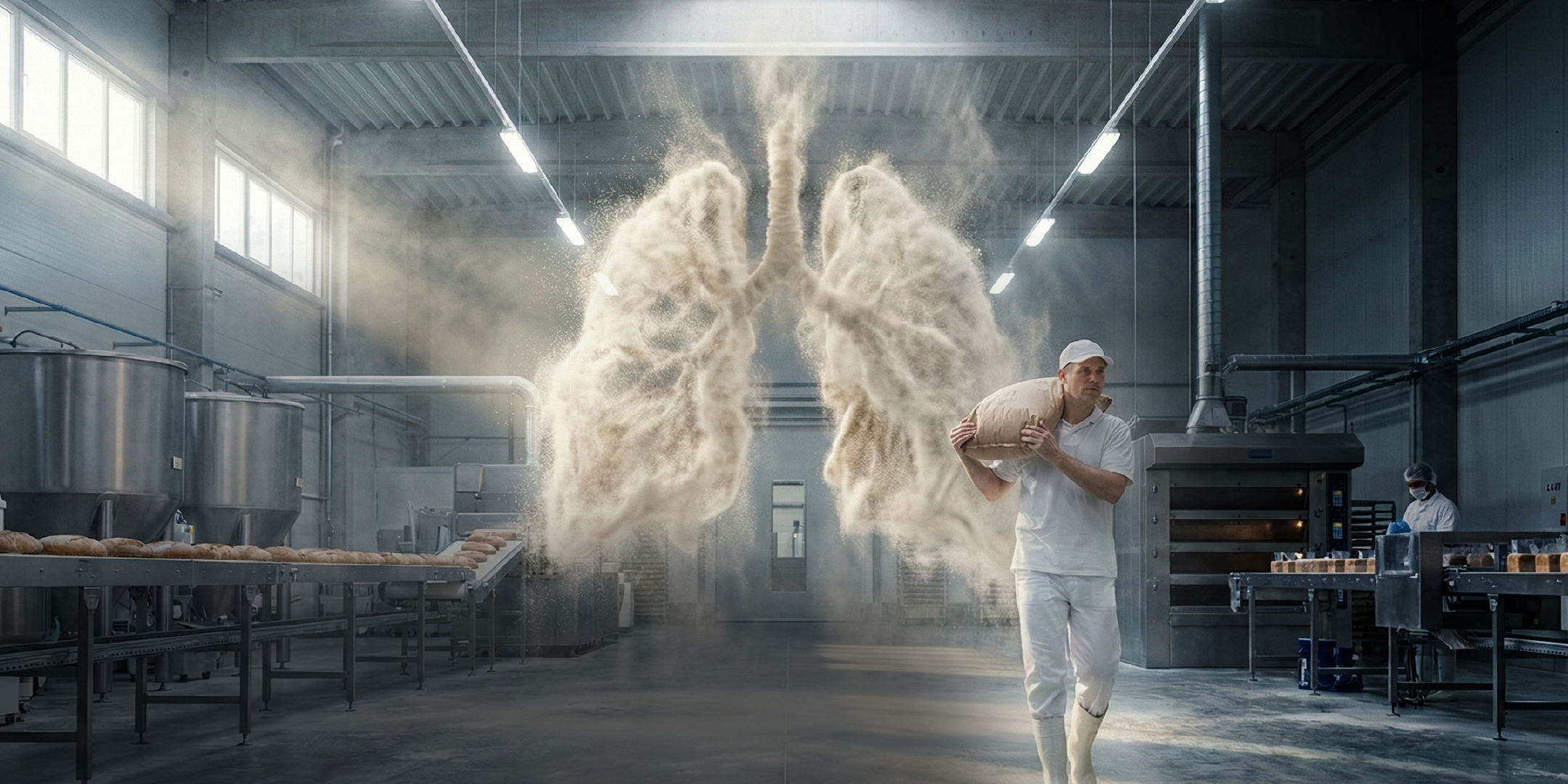 Baker with a cloud of flour dust lungs AI generated - Baker with a cloud of flour dust lungs