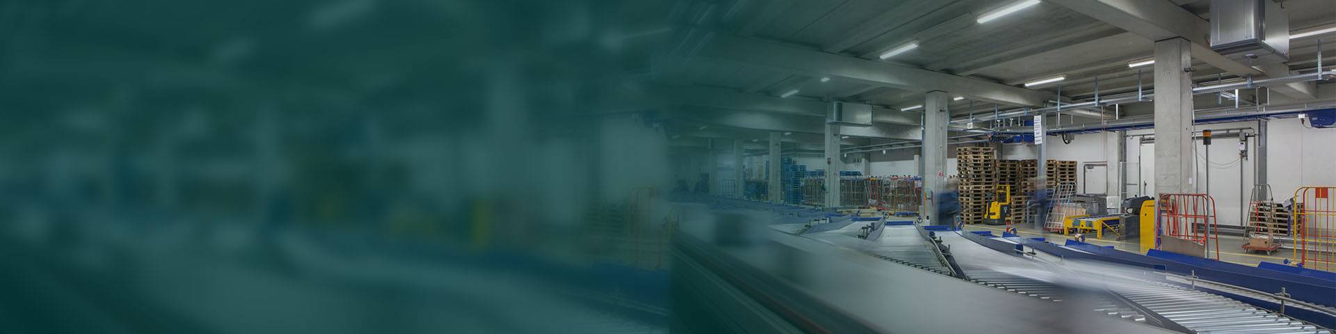 Moderne Logistikhalle mit Förderbändern und Palettenlagern für automatisierte Warenverteilung.