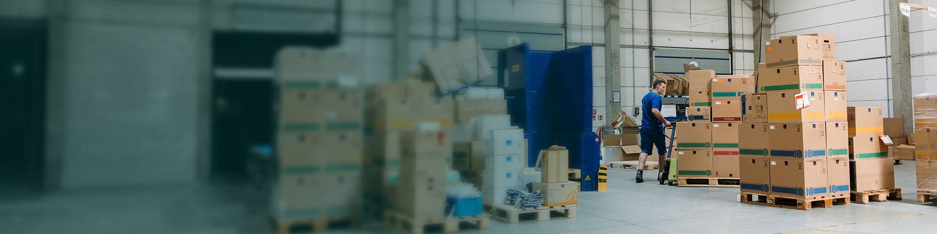 Lagermitarbeiter befördert Paletten mit gestapelten Kartons.