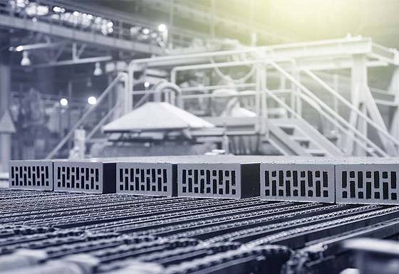 Bricks stored in a hall of a construction supplies company