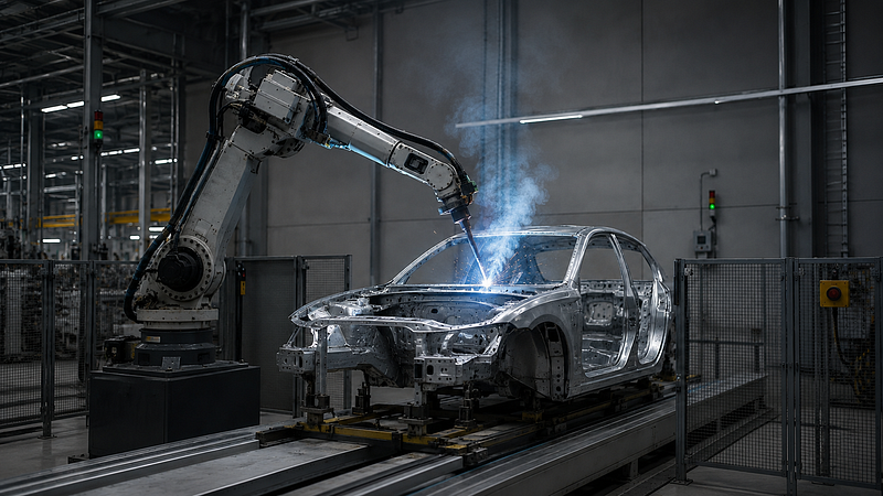 Automobielindustrie – luchtkwaliteitsuitdagingen Robotarm last een carrosserie met vonken op een assemblagelijn in de automobielindustrie