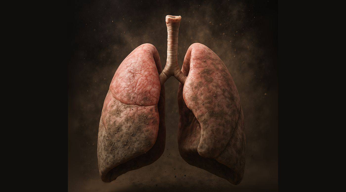 Ein Bild einer verstaubten Lunge vor dunklem Hintergrund