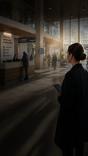 Public sector facilities – air quality warning Person standing in a dimly lit public sector building lobby with people walking in the background