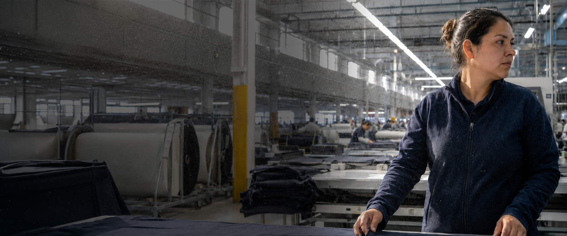 Textile industry – air quality warning Worker walking through a textile factory hall with rows of machines