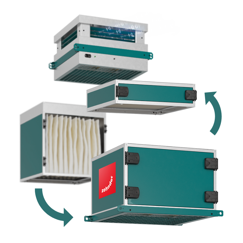 Modulaire componenten van de Zehnder CleanAir Max luchtreiniger