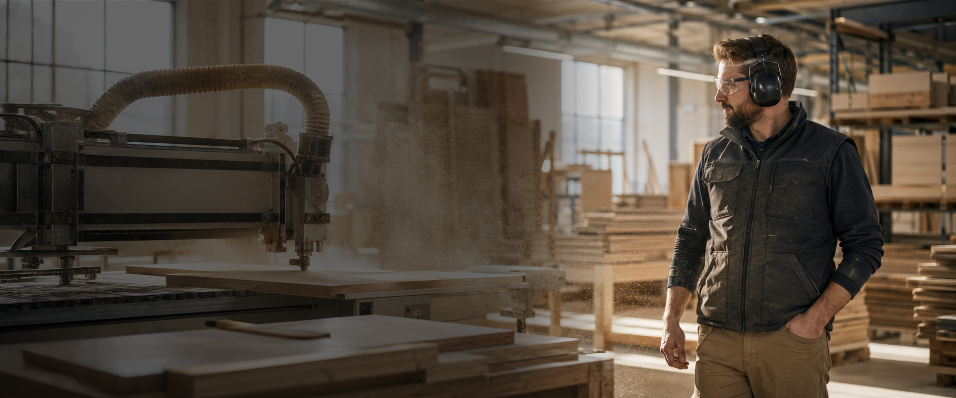 Wood processing industry – air quality warning Worker standing near a CNC machine in a woodworking workshop