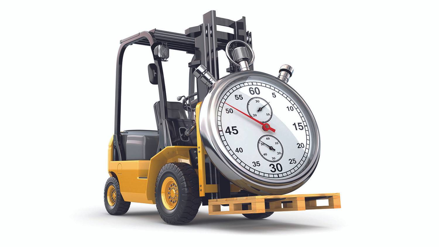 A forklift truck carries a pallet with a large stopwatch on it.