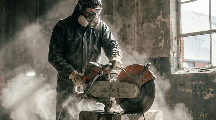 A worker in protection gear cutting concrete and creating a cloud of dangerous concrete dust
