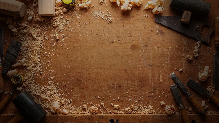 A workbench full of wood chips and tools.