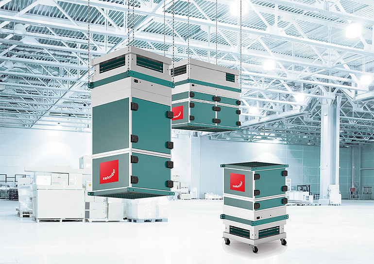 Different versions of the smart industrial air purifier CleanAir Max from Zehnder.