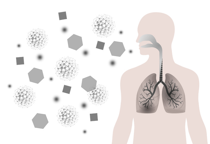 Illustration of the effects of air pollution on the human lungs, with inhaled pollutants and particles.
