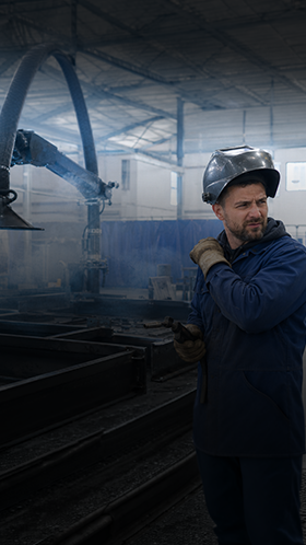 Welding & metal manufacturing – air quality warning Worker in a hard hat coughing and covering his mouth amid smoke and fumes in a metal manufacturing facility