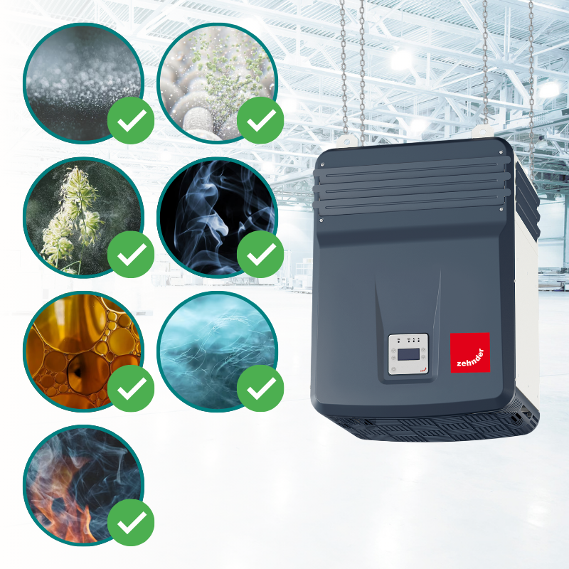 Élimine toutes les particules – fines ou grosses CleanAir with a list of particles that can be filtered